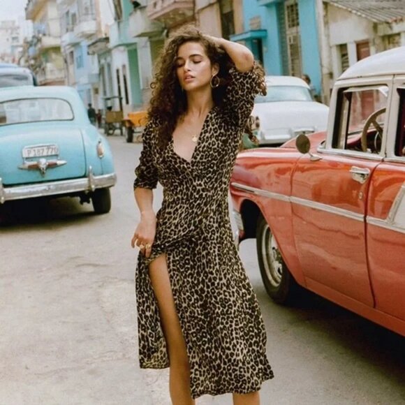 Faithfull The Brand Leopard Print Wrap Midi Dress Size 2 - Picture 1 of 5